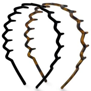 Kitsch Zig Zag Headbands, Recycled Plastic Wavy Hair Band with Teeth, Comb Headbands for Women and Men, Classic 90s Hair Accessories, 2pcs (Black and Brown)