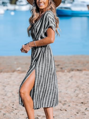 CUPSHE Women Beach Cover Up V Neck Short Sleeve Striped Midi Swimsuit Coverup Dress XS-XXL - Image 2