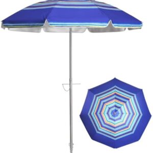 7ft Beach Umbrella with Sand Anchor & Tilt, UPF 50+ Protection Beach Umbrellas for Sand, Beach Umbrellas for Heavy Duty Wind Portable with Carry Bag, for Patio Garden Pool, Dark Blue Stripes(Random pattern)
