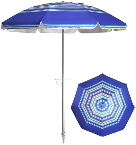 7ft Beach Umbrella with Sand Anchor & Tilt, UPF 50+ Protection Beach Umbrellas for Sand, Beach Umbrellas for Heavy Duty Wind Portable with Carry Bag, for Patio Garden Pool, Dark Blue Stripes(Random pattern)