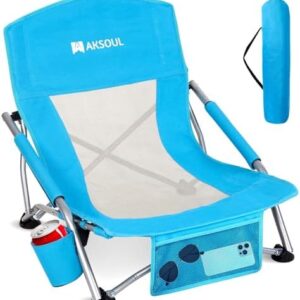 AKSOUL Folding Beach Chair for Adults: Low/High Back Chairs with Carry Bag - Extra Wide Seat Chair with Comfortable Pillow & Storage Pocket (1 Pack & 2 Pack, Blue)