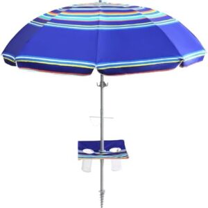 7ft Beach Umbrella featuring a built-in table with Sand Anchor & Tilt, UPF 50+ Protection Beach Umbrellas for Sand, Umbrellas for Heavy Duty Wind Portable with Carry Bag, Dark Blue Stripes(Random pattern)