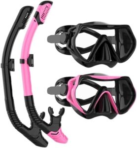 Snorkeling Gear for Adults, JRing Snorkel Mask Set with 180 Degree Tempered Glass Anti Fog Goggles Scuba Dry Top Snorkel for Swimming, Scuba Diving Mask for Men Women