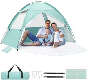 Beach Tent for 3-4 Person, Large Easy Setup Beach Shade Canopy with UPF 50+ UV Protection, Portable Shade Tent with 3 Ventilating Mesh Windows for Outdoor, Picnics, Fishing
