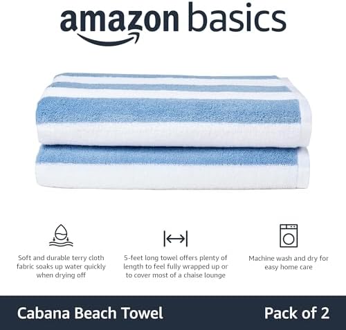 Amazon Basics Sky Blue Cabana Stripe Pool & Beach Towel, 100% Cotton, Soft & Absorbent, Machine Washable, Quick Dry, Large, 2 Pack, Sky Blue, 30" x 60" - Image 2