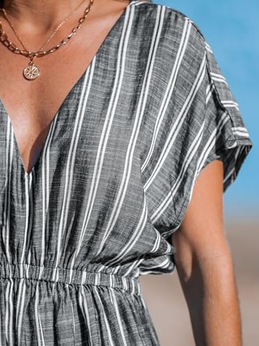 CUPSHE Women Beach Cover Up V Neck Short Sleeve Striped Midi Swimsuit Coverup Dress XS-XXL - Image 5