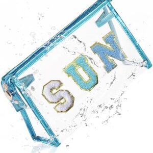 COSHAYSOO Clear Makeup Bag Sunscreen Pouch Beach Vacation Essentials Waterproof Summer Stuff Travel Toiletry Purse for Women Teen Girl Personalized Easter Gifts with Preppy Chenille Letter Blue SUN