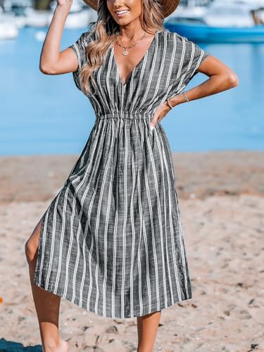 CUPSHE Women Beach Cover Up V Neck Short Sleeve Striped Midi Swimsuit Coverup Dress XS-XXL - Image 4